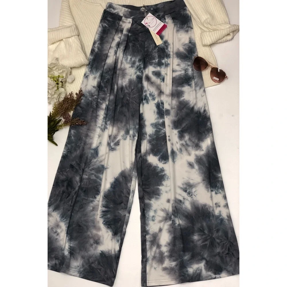 Wide Leg Pants Womens Size S Casual Pants Stretch tie dye Gray White NWT beach - Picture 5 of 12